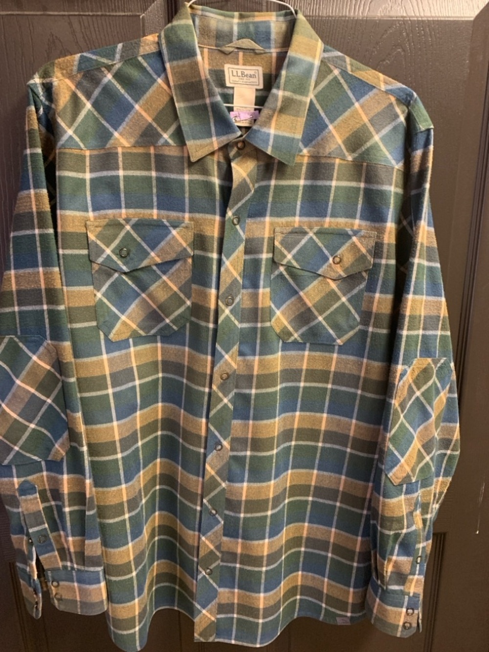 L.L. Bean Tan, Green & Blue Plaid Flannel Shirt XL